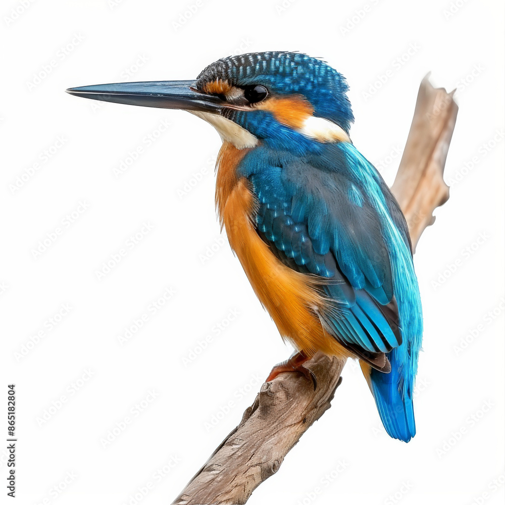 Fototapeta premium A strikingly blue kingfisher with an orange belly, perched on a twig, isolated on white background.