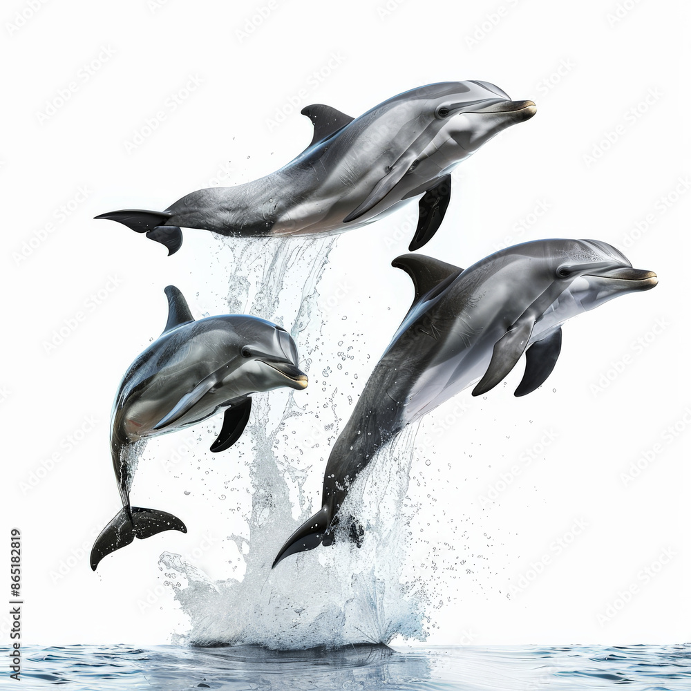 Obraz premium A playful group of dolphins leaping out of the water, isolated on white background