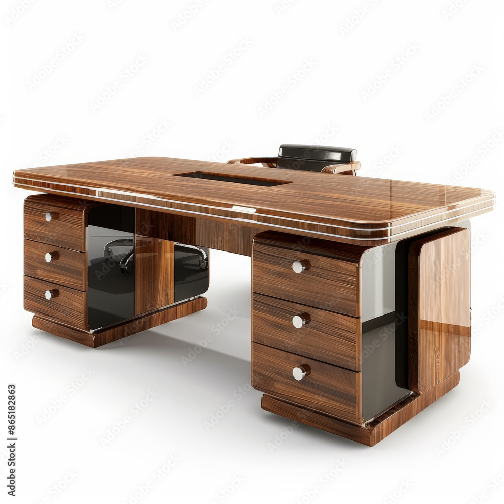 A sleek office desk with built-in drawers and a polished wood surface, isolated on white background. A sleek office desk with built-in drawers and a polished wood surface, isolated on white background.
