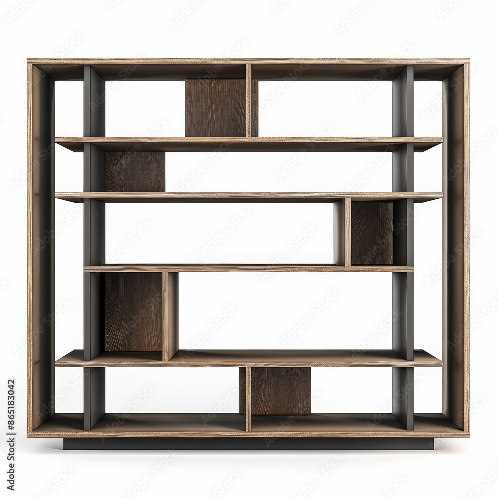 A modern bookshelf with open shelves and a minimalist design, isolated on white background. A modern bookshelf with open shelves and a minimalist design, isolated on white background.