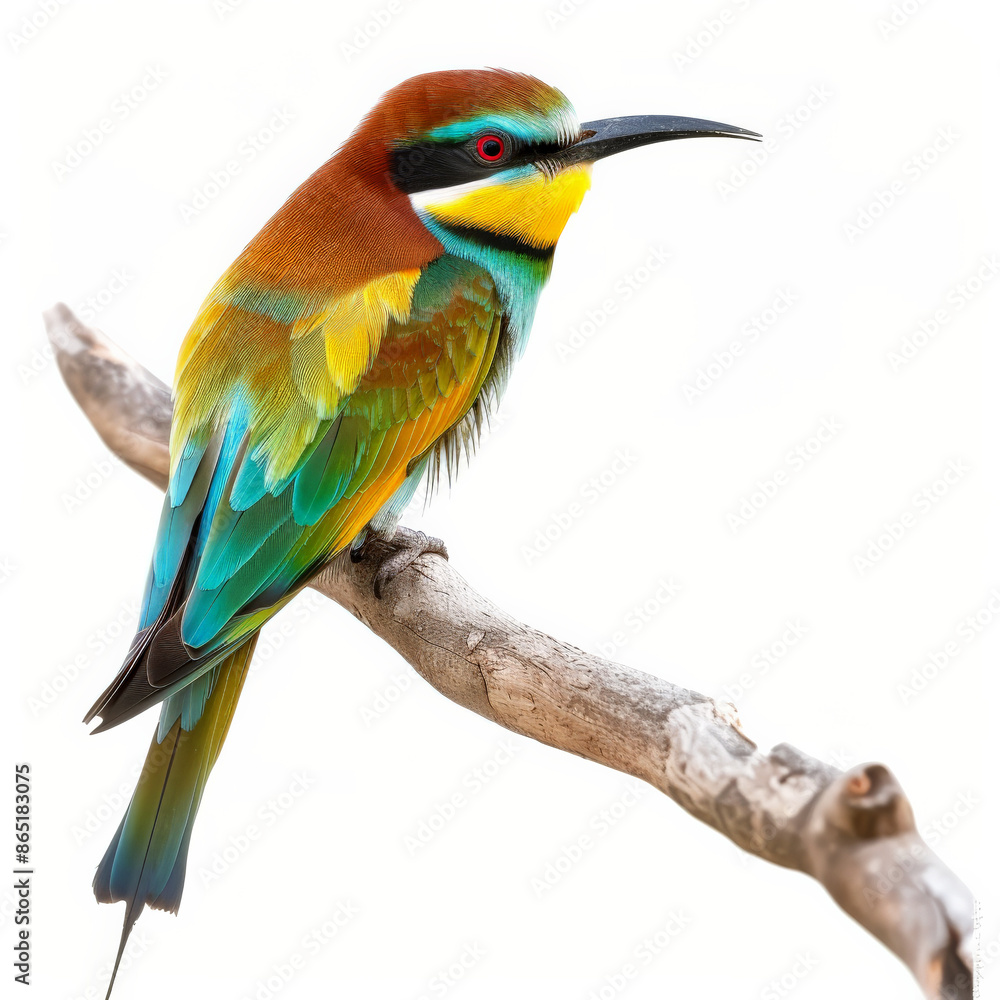 Obraz premium A colorful European bee-eater with its vibrant plumage, perched on a branch, isolated on white background.