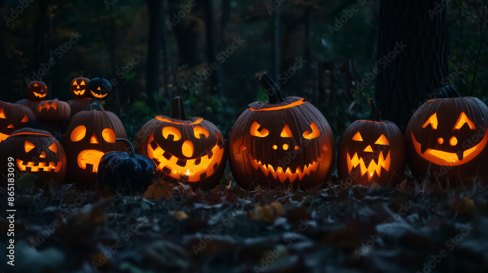 Halloween Background Carved Pumpkin Glowing at Night Halloween Background Carved Pumpkin Glowing at Night