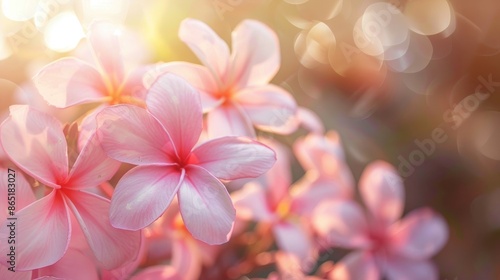 Bright and beautiful pink plumeria blooms in soft sunlight