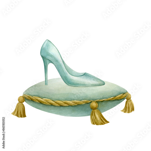 Crystal slipper on a velvet pillow. Image in blue and gold. Watercolor illustration is hand drawn and isolated on a white background