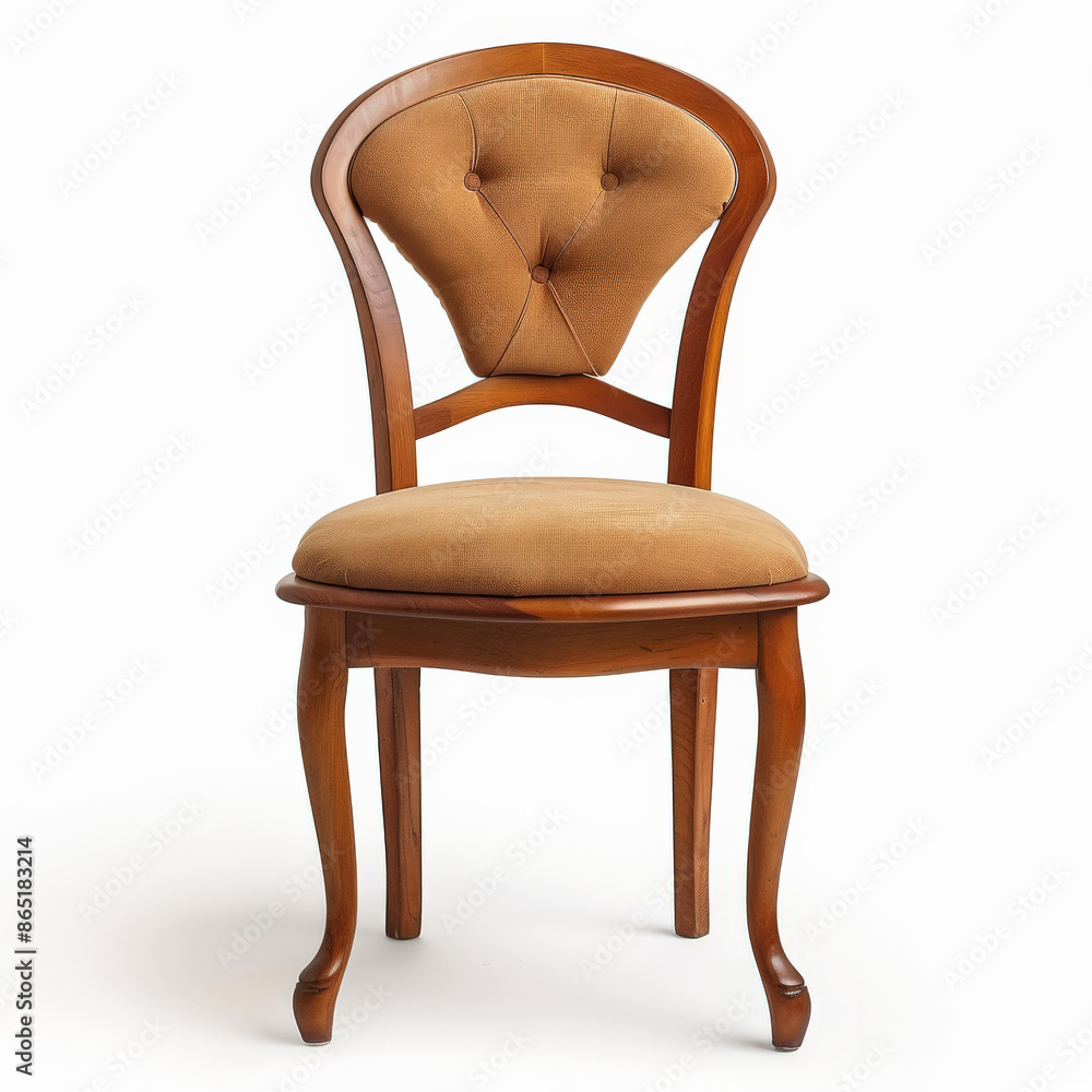 A traditional wooden dining chair with a padded seat and backrest, isolated on white background. A traditional wooden dining chair with a padded seat and backrest, isolated on white background.