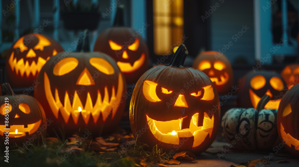 Spooky Halloween Night Glowing Jack-o-Lanterns in Background Spooky Halloween Night Glowing Jack-o-Lanterns in Background