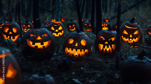 Nighttime Forest Halloween Scene with Glowing Jack-o-Lanterns © silvia
