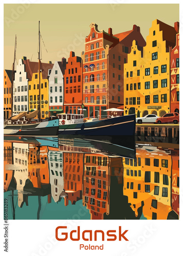 Gdansk Poland Poster Illustration Travel Print Decor Gift Paper Canvas Wall Retro Art #865183289