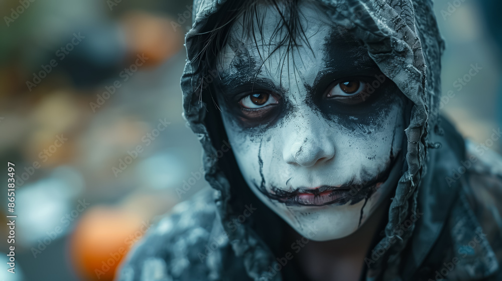 Close Up Portrait of Boy with Evil Halloween Make Up, Looking at Camera Close Up Portrait of Boy with Evil Halloween Make Up, Looking at Camera