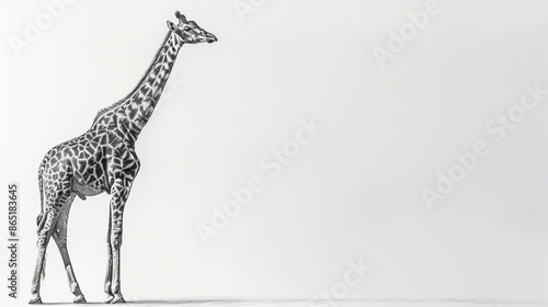 A pencil sketch of a graceful giraffe standing tall with its neck extended, isolated on a white background. photo