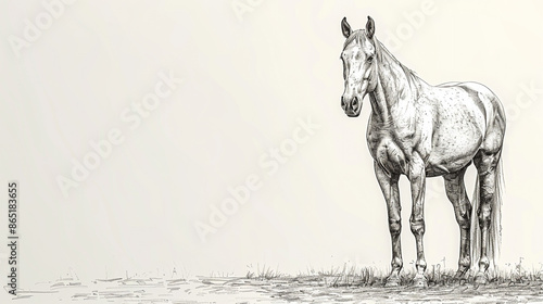 A pencil sketch of a horse standing quietly and looking at the camera, isolated on a white background.