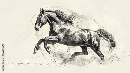 A pencil sketch of a magnificent horse rearing up on its hind legs, isolated on a white background.