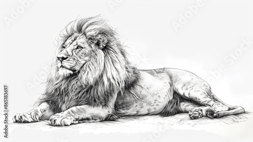 A pencil sketch of a majestic lion lying down with its mane flowing, isolated on a white background.
