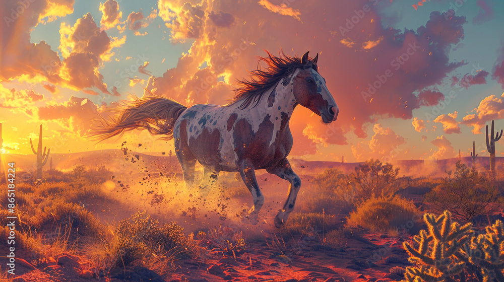 A wild horse running across a desert landscape, with cacti and distant mesas. A wild horse running across a desert landscape, with cacti and distant mesas.