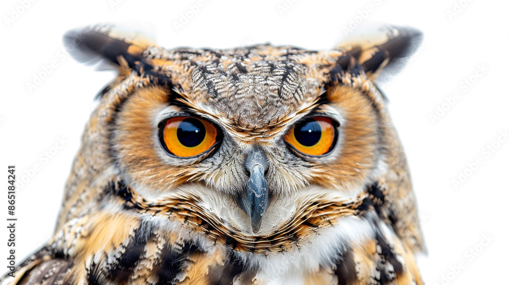 Fototapeta premium A wise old owl perched with its large eyes open wide, isolated on a white background.