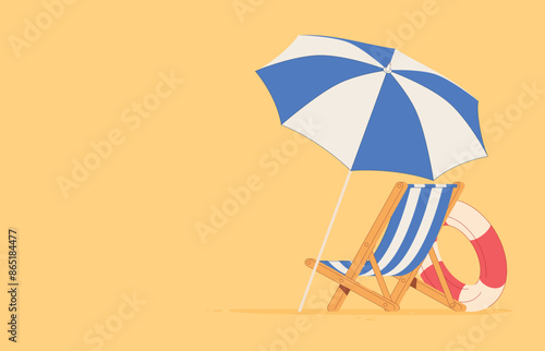 Beach chair lounger with umbrella. Summer vacation by the sea. Warm summer sunny days on vacation. Vector illustration