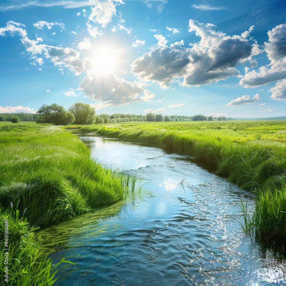 Obraz premium landscape with river full of clouds and grassland
