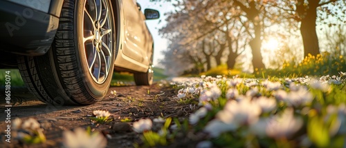 summer tires in the blooming spring in the sun - time for summer tires 