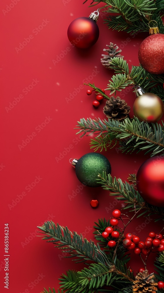 Bright red background for a festive holiday postcard. with pine branches decorated with Christmas tree toys and balls Adds seasonal charm Perfect for creating warm and cheerful holiday greetings. Bright red background for a festive holiday postcard. with pine branches decorated with Christmas tree toys and balls Adds seasonal charm Perfect for creating warm and cheerful holiday greetings.