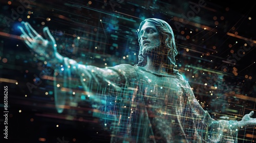 Multiple Exposure of Statue of Jesus With Technological Elements