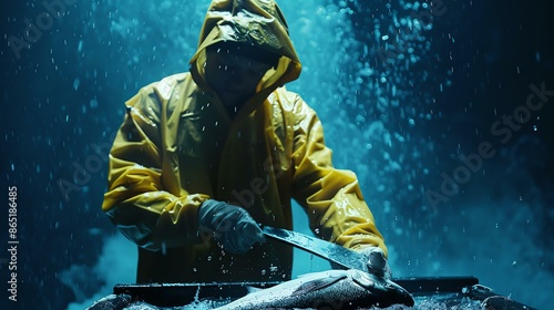 A person in a yellow raincoat cleans a fish with a large knife in a blue, wet environment. © Factory