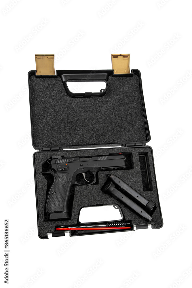 Modern semi-automatic pistol. A short-barreled weapon for self-defense. Arming the police, special units and the army. Weapon in a case for storage and transportation. Isolate on a white back. Modern semi-automatic pistol. A short-barreled weapon for self-defense. Arming the police, special units and the army. Weapon in a case for storage and transportation. Isolate on a white back.