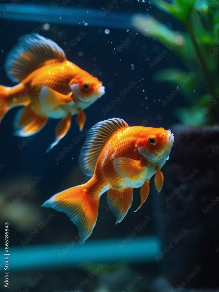Oranda goldfish swimming in aquarium close-up Oranda goldfish swimming in aquarium close-up
