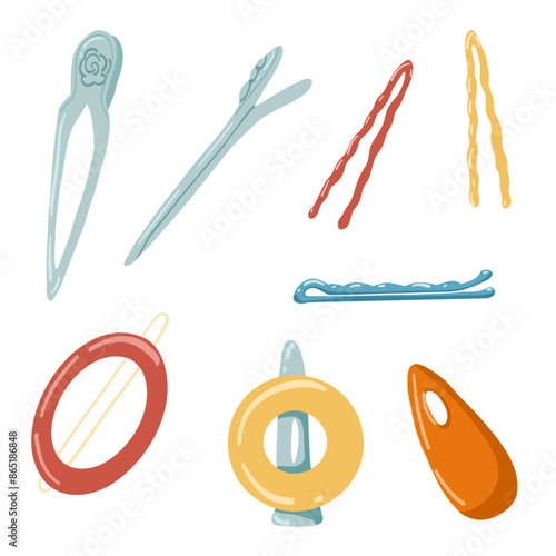 Barrette and hairpins vector set. Pin girl accessories, stylist hairdressing equipment and clips. Colourful cartoon retro hair accessories. Isolated set on white background.