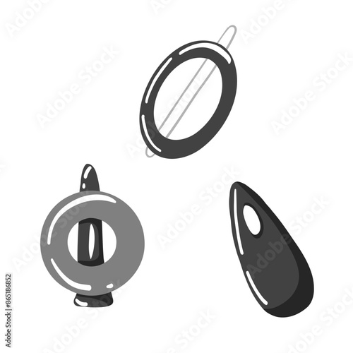 Barrette and hairpins vector set. Pin girl accessories, stylist hairdressing equipment and clips. Black and white cartoon retro hair accessories. Isolated set on white background.