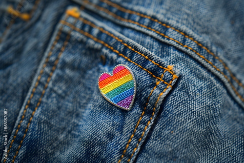 A high-resolution close-up of a pride pin on a denim jacket, with the intricate details of the pin and fabric texture in sharp focus