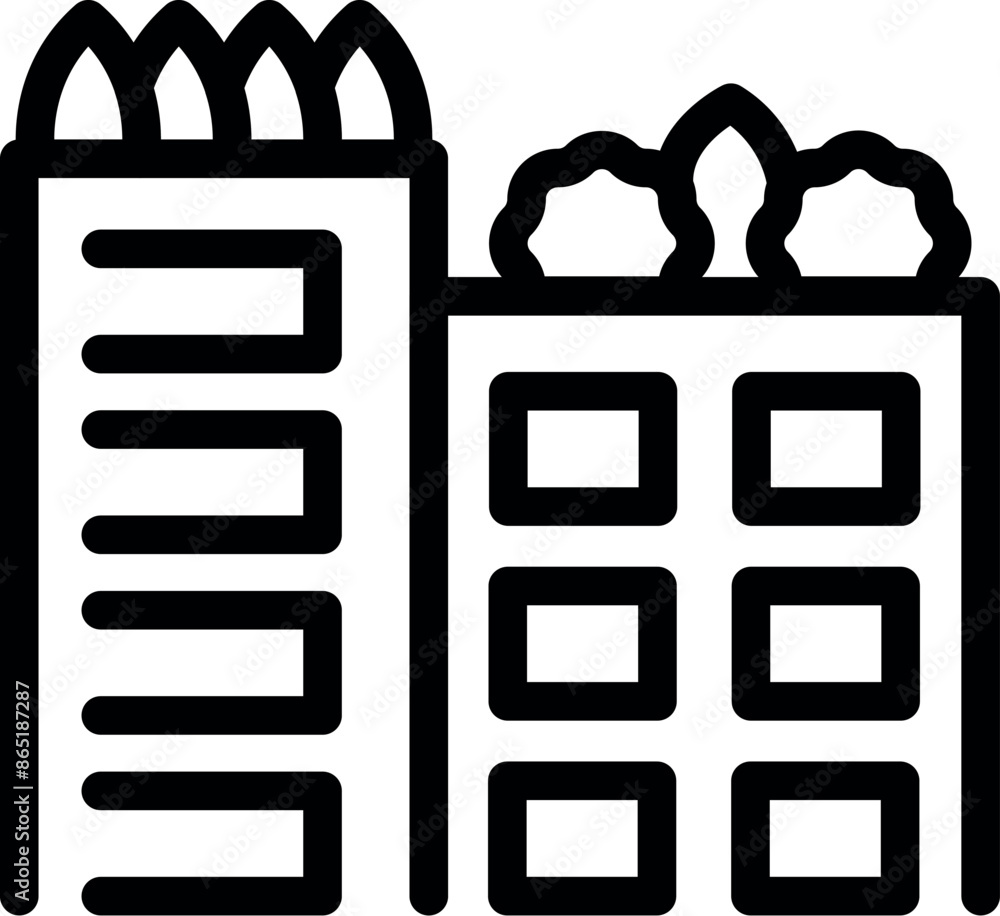 Fototapeta premium Simple line drawing of a building featuring green architectural elements promoting environmental conservation