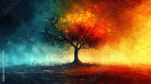 Fototapeta Naklejka Na Ścianę i Meble -  Elegant colorful tree with vibrant leaves hanging branches illustration background. Bright color 3d abstraction wallpaper for interior mural painting wall art decor. Ai 