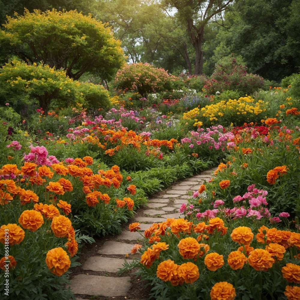 Stone pathway winds through vibrant garden filled with array of colorful flowers. Bright orange marigolds dominate foreground, while pink, yellow blooms add contrast. Stone pathway winds through vibrant garden filled with array of colorful flowers. Bright orange marigolds dominate foreground, while pink, yellow blooms add contrast.