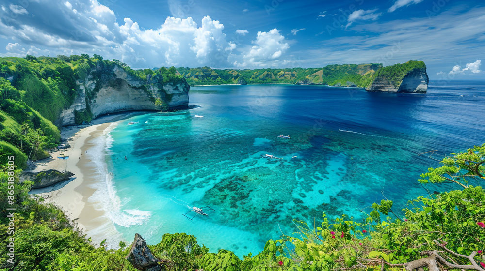 The scenic Suwehan Beach in Nusa Penida, with its pristine white sand, turquoise waters, and towering limestone cliffs. The scenic Suwehan Beach in Nusa Penida, with its pristine white sand, turquoise waters, and towering limestone cliffs.