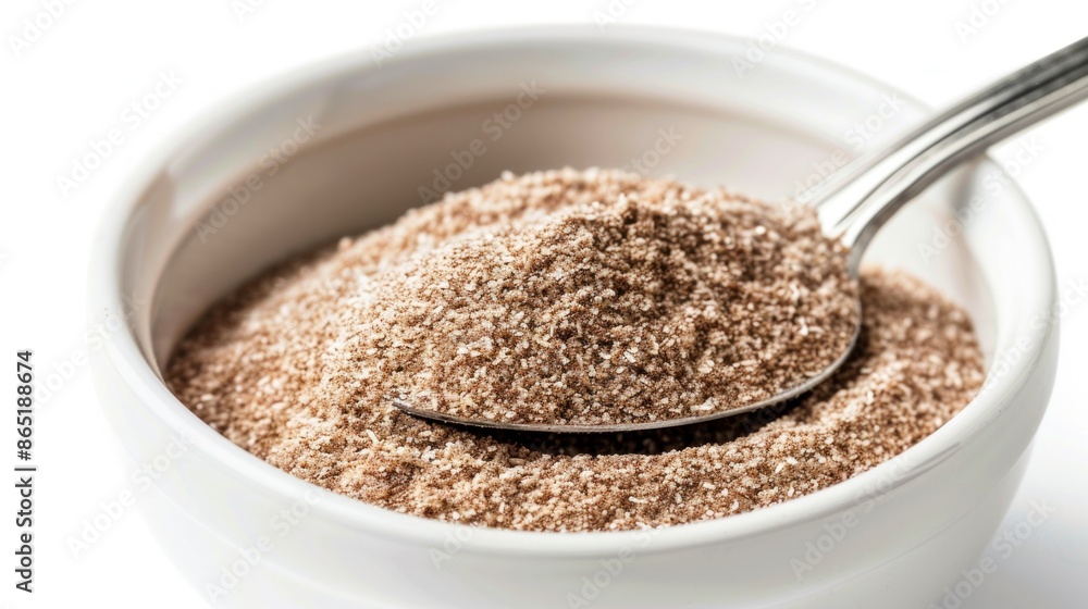 A close-up photo of a heaping spoonful of psyllium husk powder in a white ceramic bowl, A close-up photo of a heaping spoonful of psyllium husk powder in a white ceramic bowl,