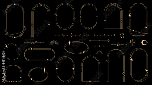 Magic celestial arch frames and borders, y2k shapes of vector line minimal boho stars, moon, sun and sparks. Oval, circle and arc shape frames with borders of astrology and esoteric outline elements