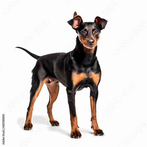Manchester terrier dog breed standing against white background, AI Generated © Toseef