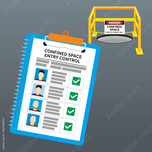 Confined space work entry list of worker document vector illustration. Dangerous work safety management.