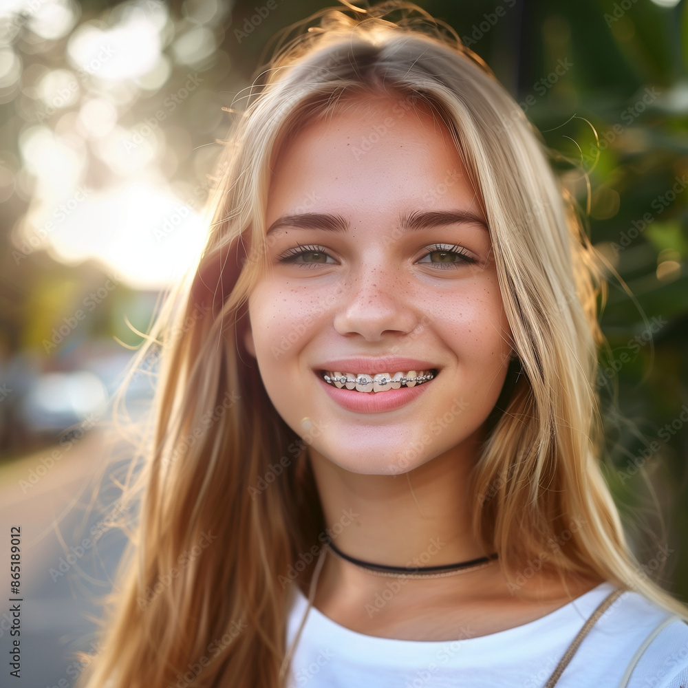 Portrait of a happy smiling teenage blonde girl with dental braces on blurred outdoor background with copy space. for dentist, orthodontic, advertising use Portrait of a happy smiling teenage blonde girl with dental braces on blurred outdoor background with copy space. for dentist, orthodontic, advertising use