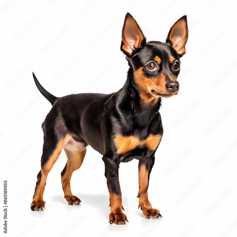 Miniature pinscher dog breed standing against white background, AI Generated Miniature pinscher dog breed standing against white background, AI Generated