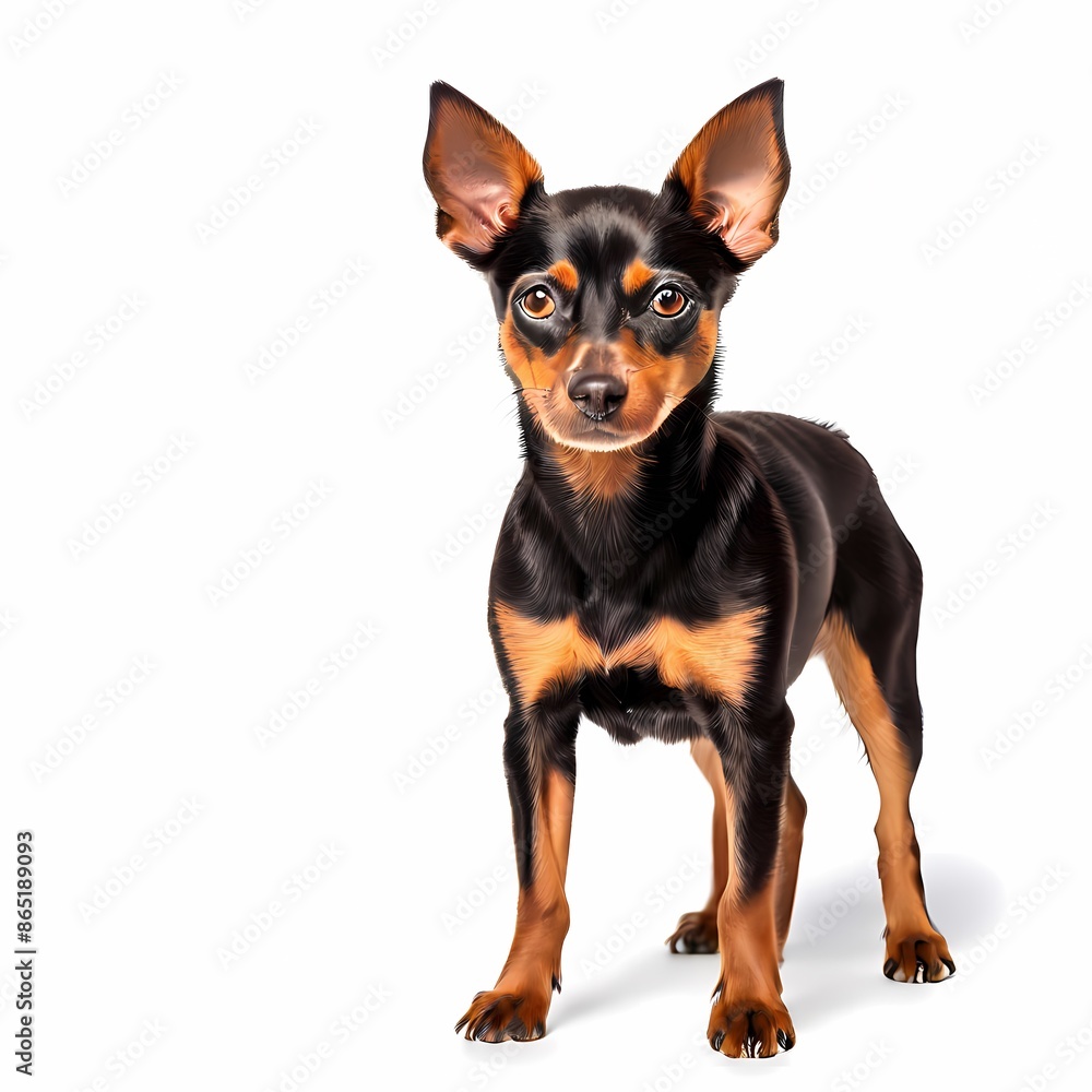 Miniature pinscher dog breed standing against white background, AI Generated Miniature pinscher dog breed standing against white background, AI Generated