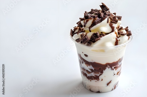 A close-up shot of a vanilla ice cream with chocolate toppings in a transparent cup, set against a pristine white background. Space is left at the bottom right for text.