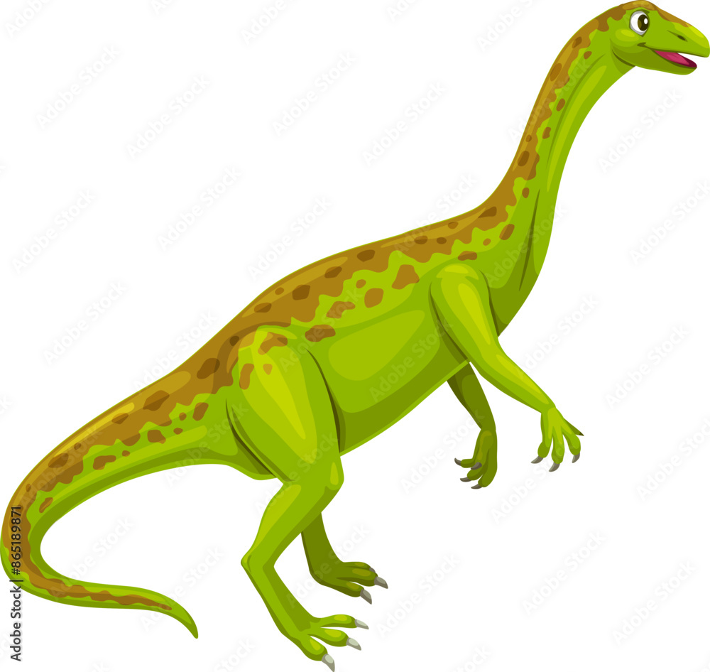Obraz premium Cartoon anchisaurus dinosaur character of early jurassic period. Cute dino animal vector personage with long neck and spotted skin. Prehistoric era forest dinosaur, funny fossil green lizard raptor