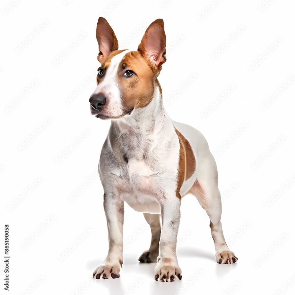 Miniature bull terrier dog breed standing against white background, AI Generated Miniature bull terrier dog breed standing against white background, AI Generated