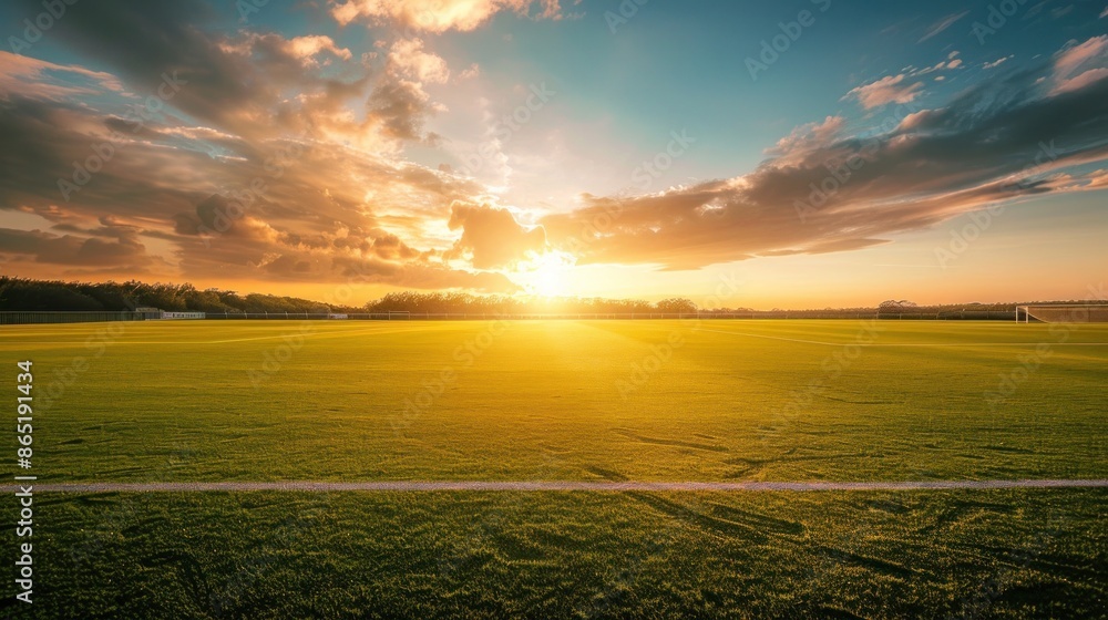 A dramatic sunset over a soccer field, casting long shadows and creating a warm, golden glow A dramatic sunset over a soccer field, casting long shadows and creating a warm, golden glow
