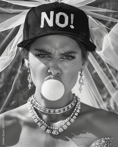 Black and white photograph of an angry bride blowing a bubble with gum, wearing a cap with the word 'NO!'. Bold and rebellious bridal portrait.
