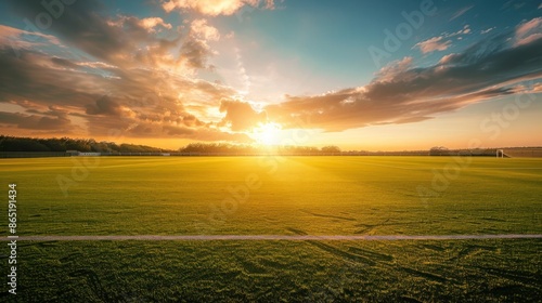 Fototapeta Naklejka Na Ścianę i Meble -  A dramatic sunset over a soccer field, casting long shadows and creating a warm, golden glow