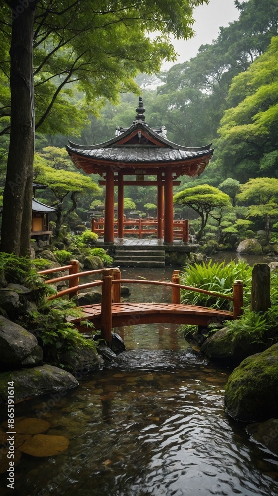 Japanese garden features traditional red pagoda surrounded by lush greenery, meticulously pruned trees. Small wooden bridge arches over gently flowing stream, leading to pagoda. Japanese garden features traditional red pagoda surrounded by lush greenery, meticulously pruned trees. Small wooden bridge arches over gently flowing stream, leading to pagoda.