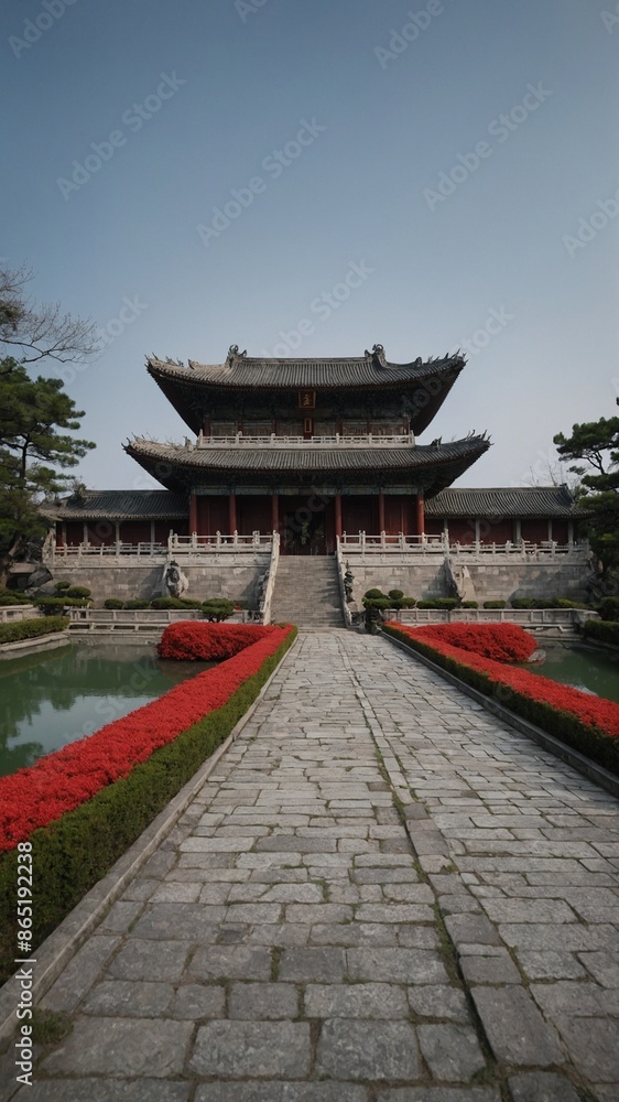 Traditional asian temple with symmetrical design, featuring multi-tiered roof with upturned eaves. Temple approached by wide stone pathway flanked by vibrant red flowers, green hedges. Traditional asian temple with symmetrical design, featuring multi-tiered roof with upturned eaves. Temple approached by wide stone pathway flanked by vibrant red flowers, green hedges.