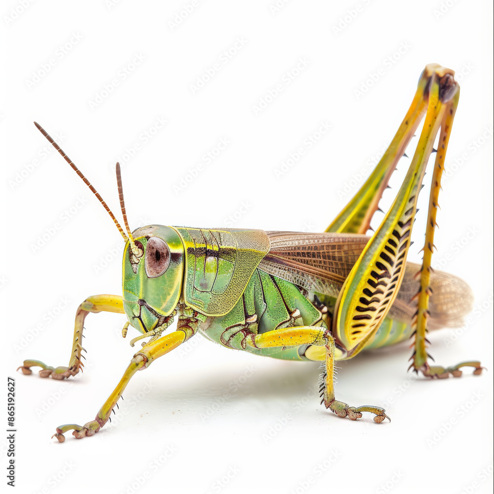 A detailed view of a green and yellow grasshopper, isolated on white background A detailed view of a green and yellow grasshopper, isolated on white background